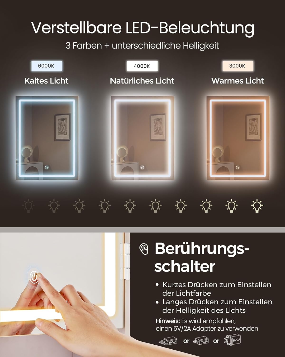 Schminktisch mit LED-Beleuchtung und Spiegel mit Hocker und Schubladen verstellbare Ablagen und offene Fächer RDT125W01