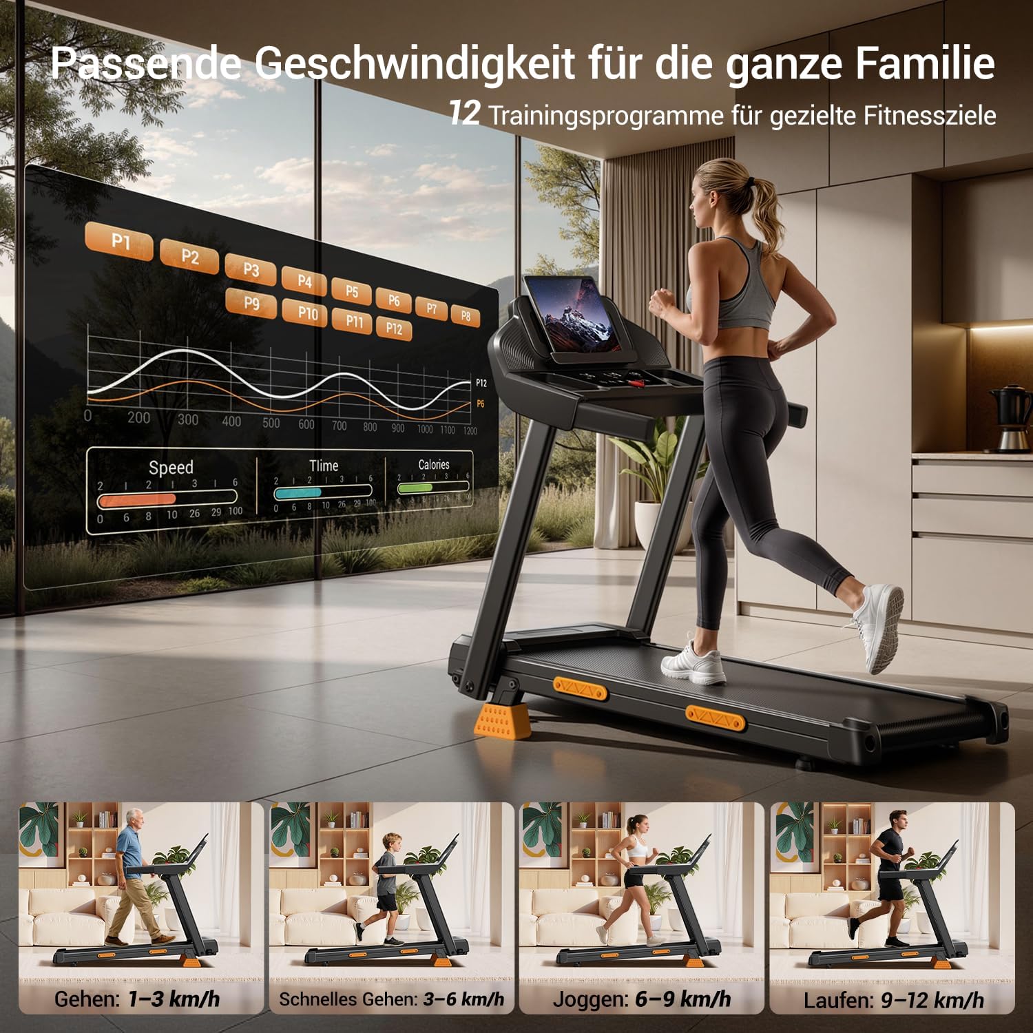 Laufband klappbar mit Steigung SF20 12 kmh 3 PS Motor 15 Prozent Neigung 136 kg Tragkraft LED Anzeige