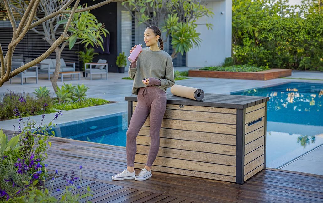 Auflagenbox 870 Liter Gartenbox Kunststoff wasserdicht mit Belüftung und Gasdruckfedern 147x83x86 cm Holzoptik