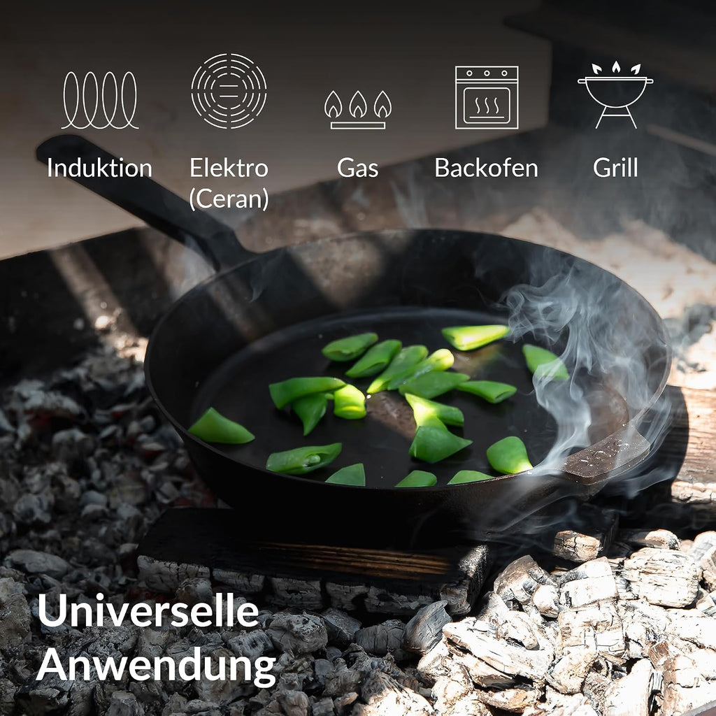 Gusseisenpfanne 28 cm voreingebrannt für Induktion und alle Herdarten backofengeeignet