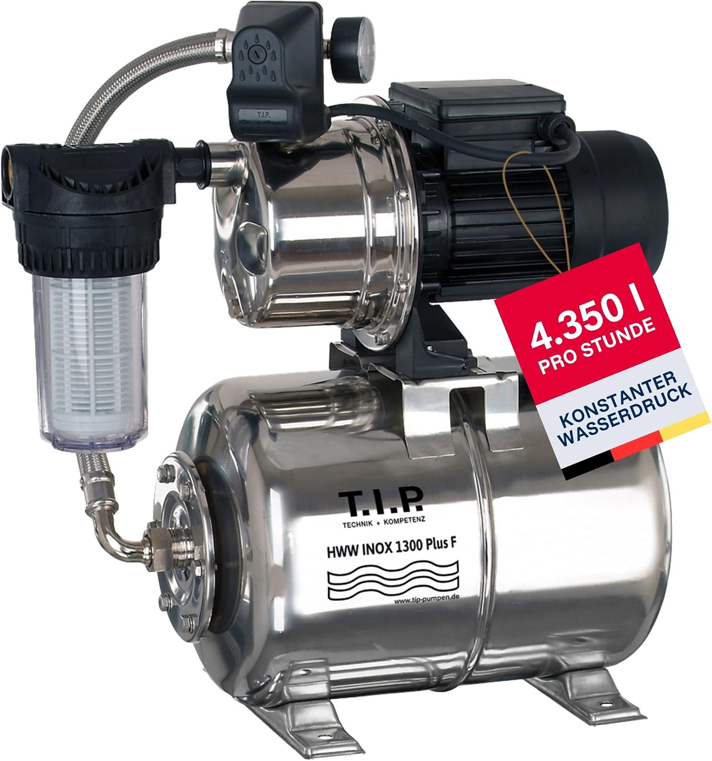 Hauswasserwerk Edelstahl Druckkessel 1300 Plus F 1200W 4350 l/h 50 m Förderhöhe Vorfilter 31155