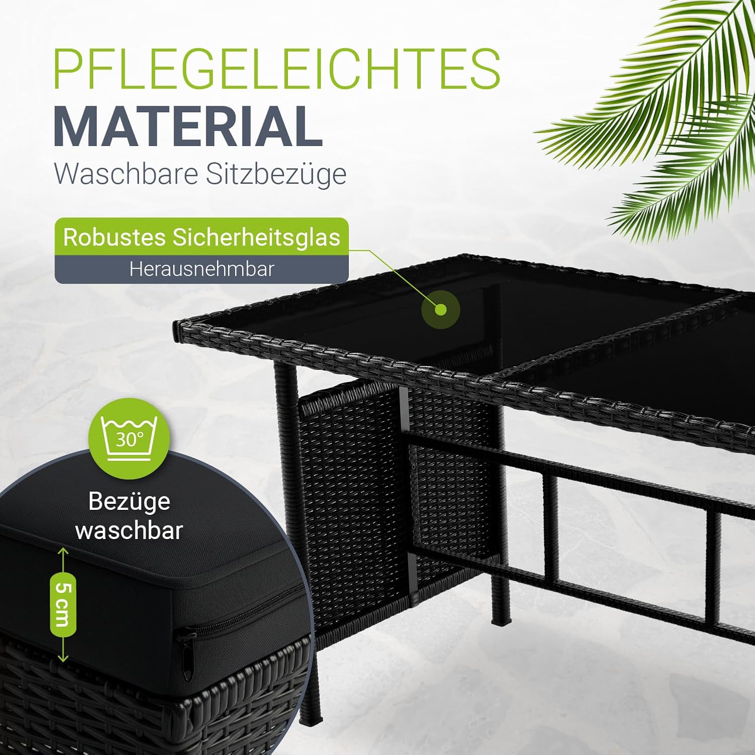 Gartenlounge Set Polyrattan Ecksofa Esstisch 2 Hocker Kissen 5-teilig wetterfest 7 Personen Schwarz Grau