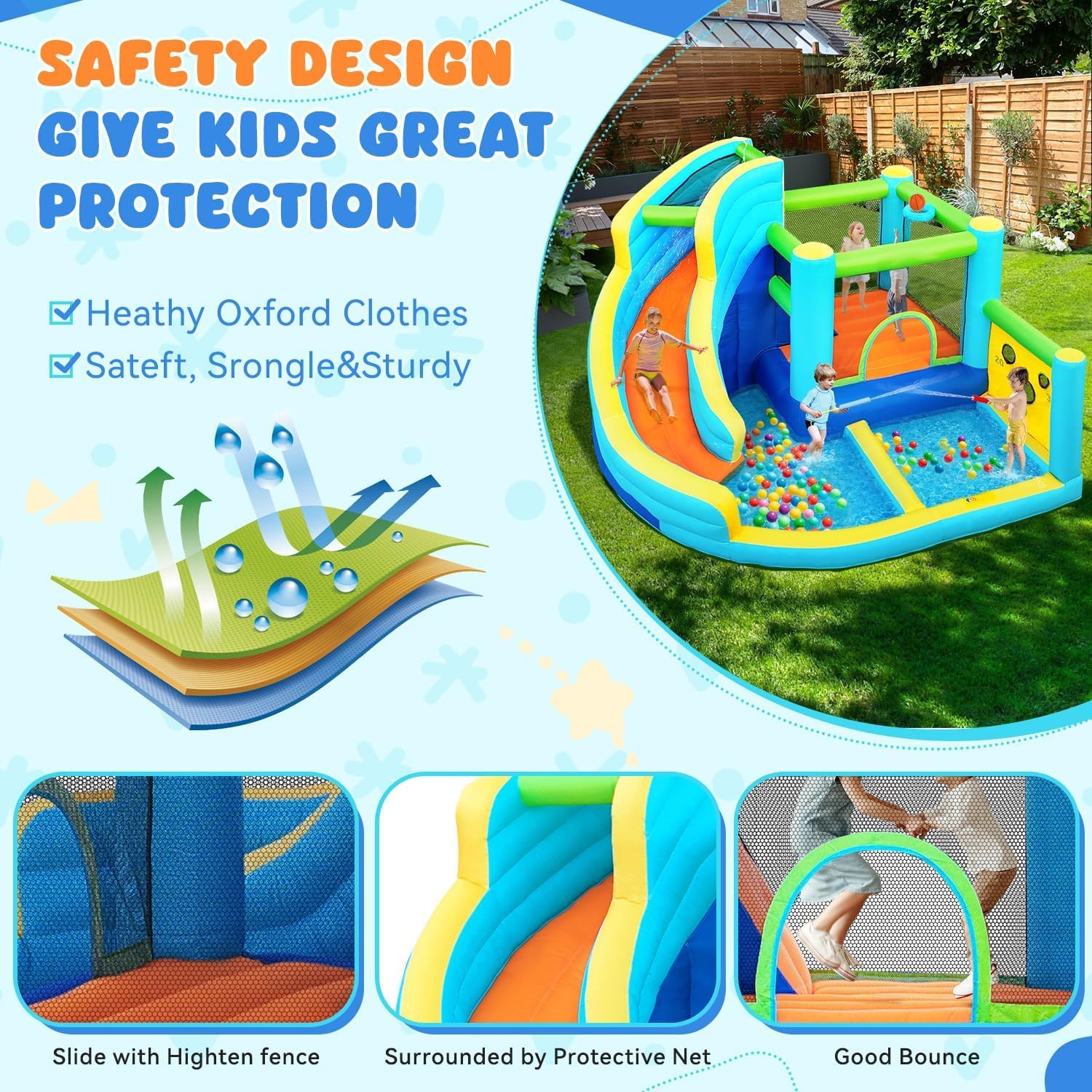 Hüpfburg mit Gebläse Wasserspielcenter 360 x 340 x 218 cm PVC Schloss mit Rutsche Kletterwand und Basketballkorb