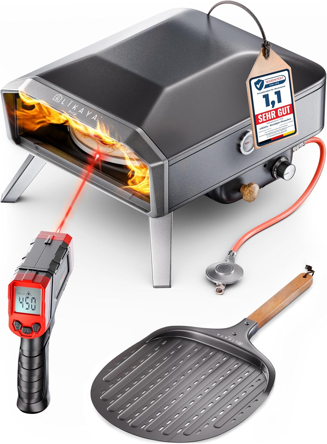 Outdoor Gas Pizzaofen NeroSpin 12 Zoll 6,2 kW 450 °C mit Pizzastein Drehteller Pizzaschaufel Thermometer und Tragetasche