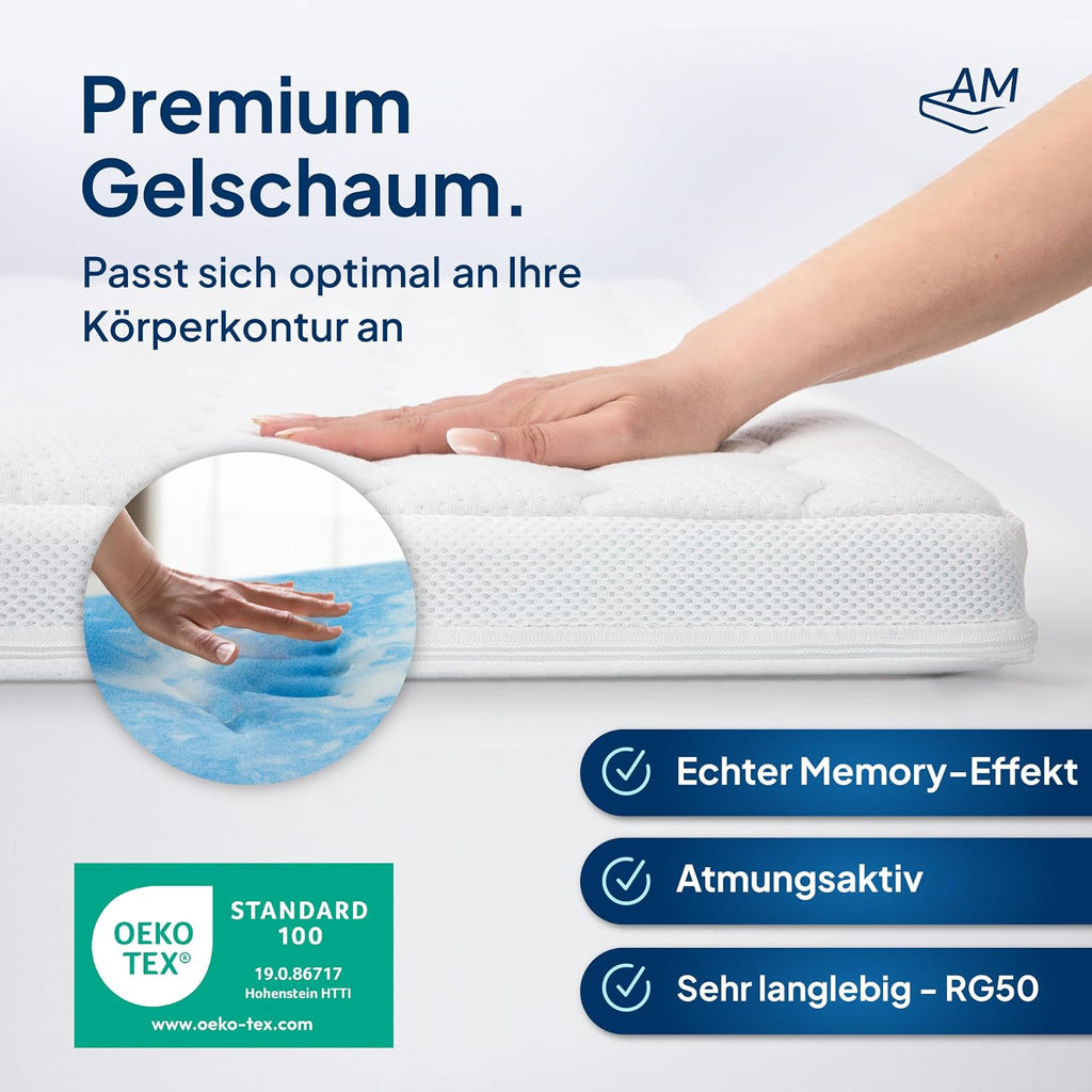 Gelschaum Matratzen Topper 180x200 cm RG50 6cm Memory Foam Lyocell Bezug rutschfest Klimaband