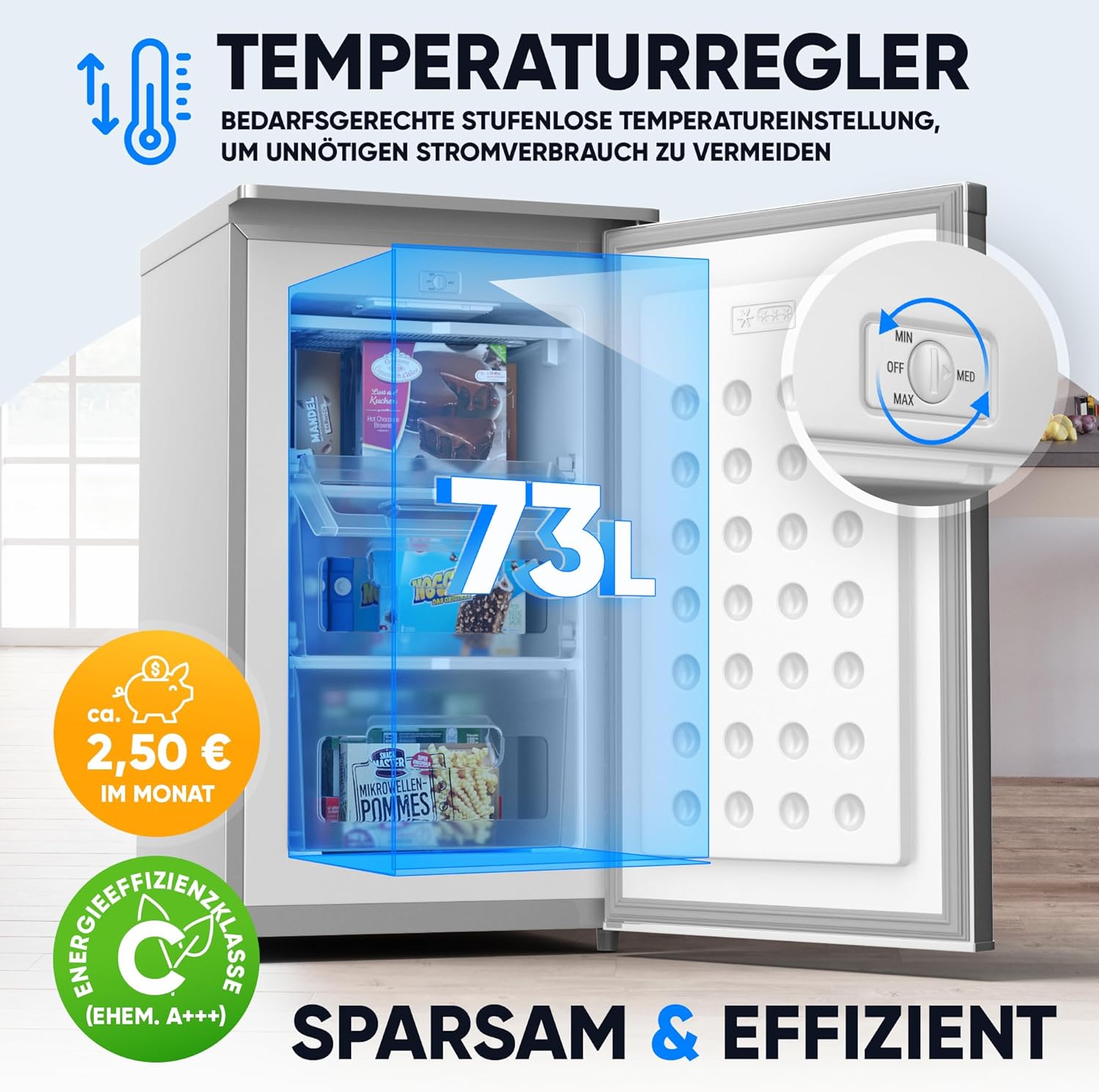 Mini Gefrierschrank 73L 4 Sterne GS-75.2-C freistehend 41 dB Energieklasse C 3 Fächer wechselbarer Türanschlag Silber