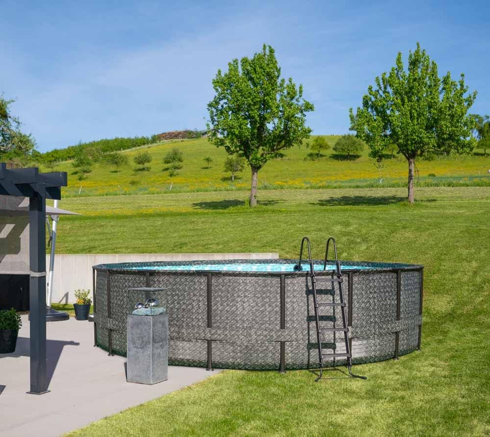 Aufstellpool Rund 549x132 cm Frame Pool Komplettset Rattan Optik Grau inkl Filterpumpe Bodenvlies Abdeckplane Leiter