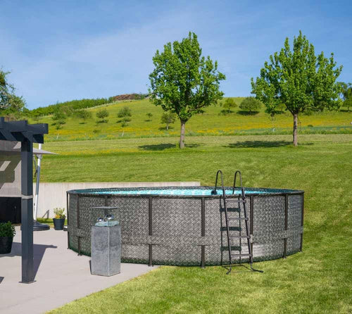 Aufstellpool Rund 549x132 cm Frame Pool Komplettset Rattan Optik Grau inkl Filterpumpe Bodenvlies Abdeckplane Leiter