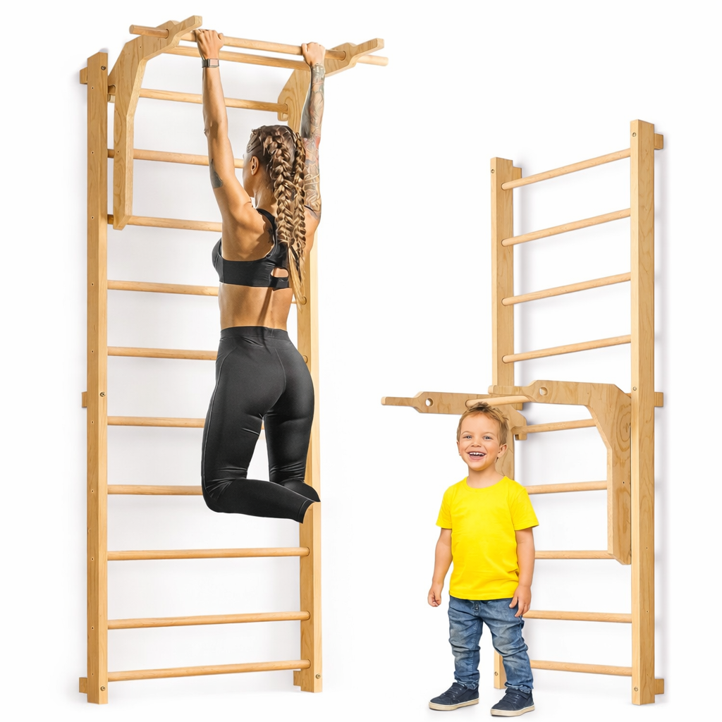 Sprossenwand mit Klimmzugstange Dip Erweiterung Holz Kletterwand Erwachsene Kinder bis 150kg