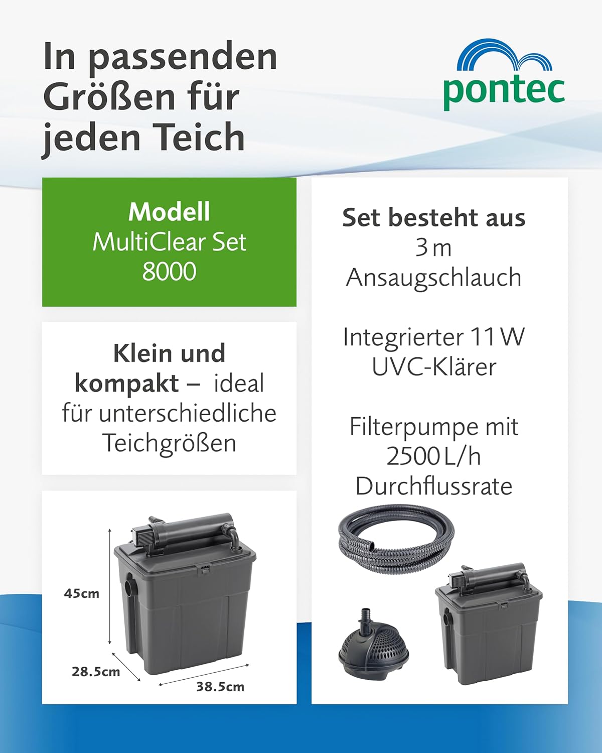 Teichfilterset mit Filterpumpe und Durchlauffilter MultiClear Set 8000 1500 l/h für Garten- und Teichpflege