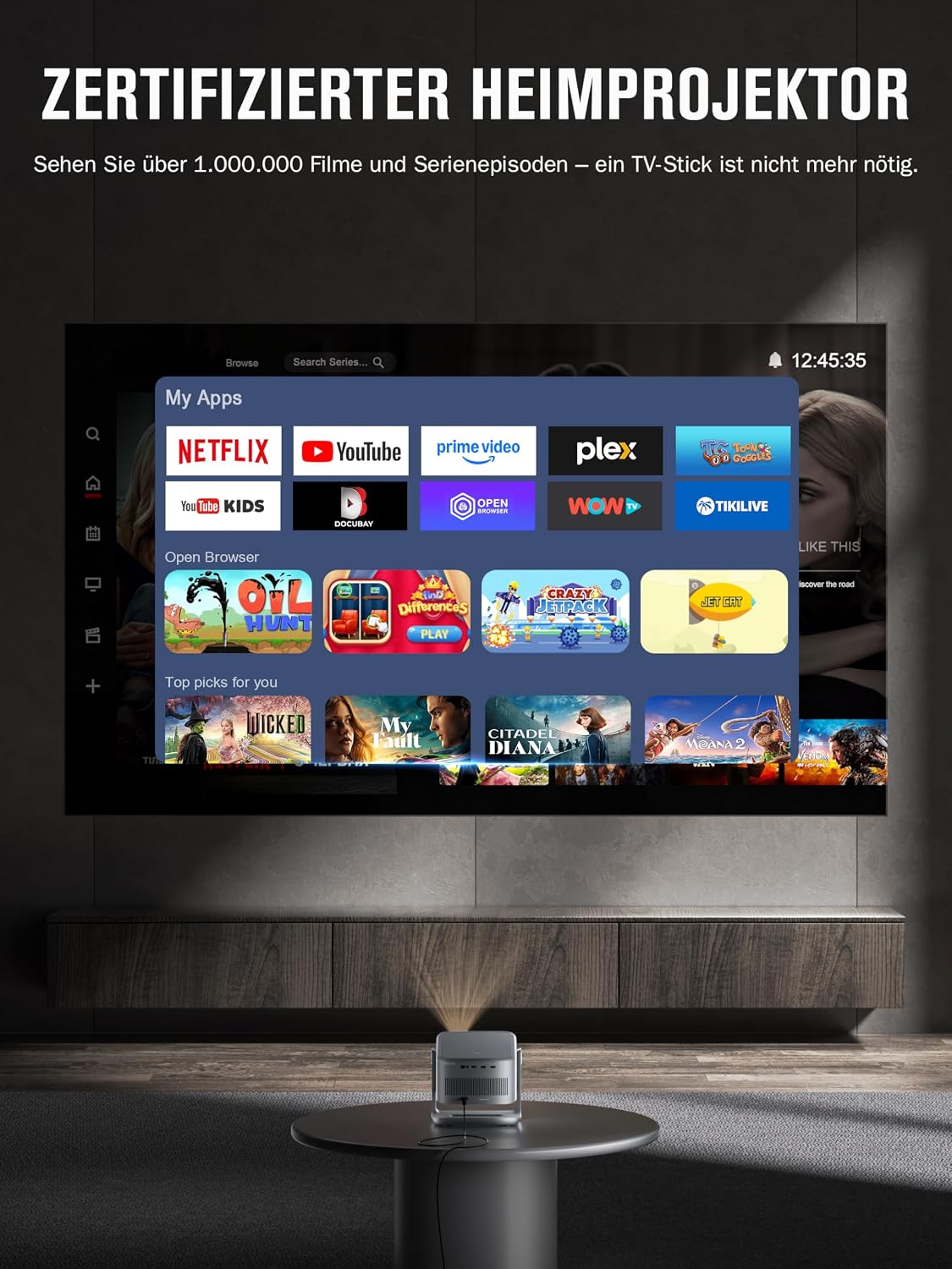 Projektor 1080P Heimkino A5 4K Unterstützung Autofokus WiFi 6 Bluetooth Dolby Audio verstellbarer Standfuß