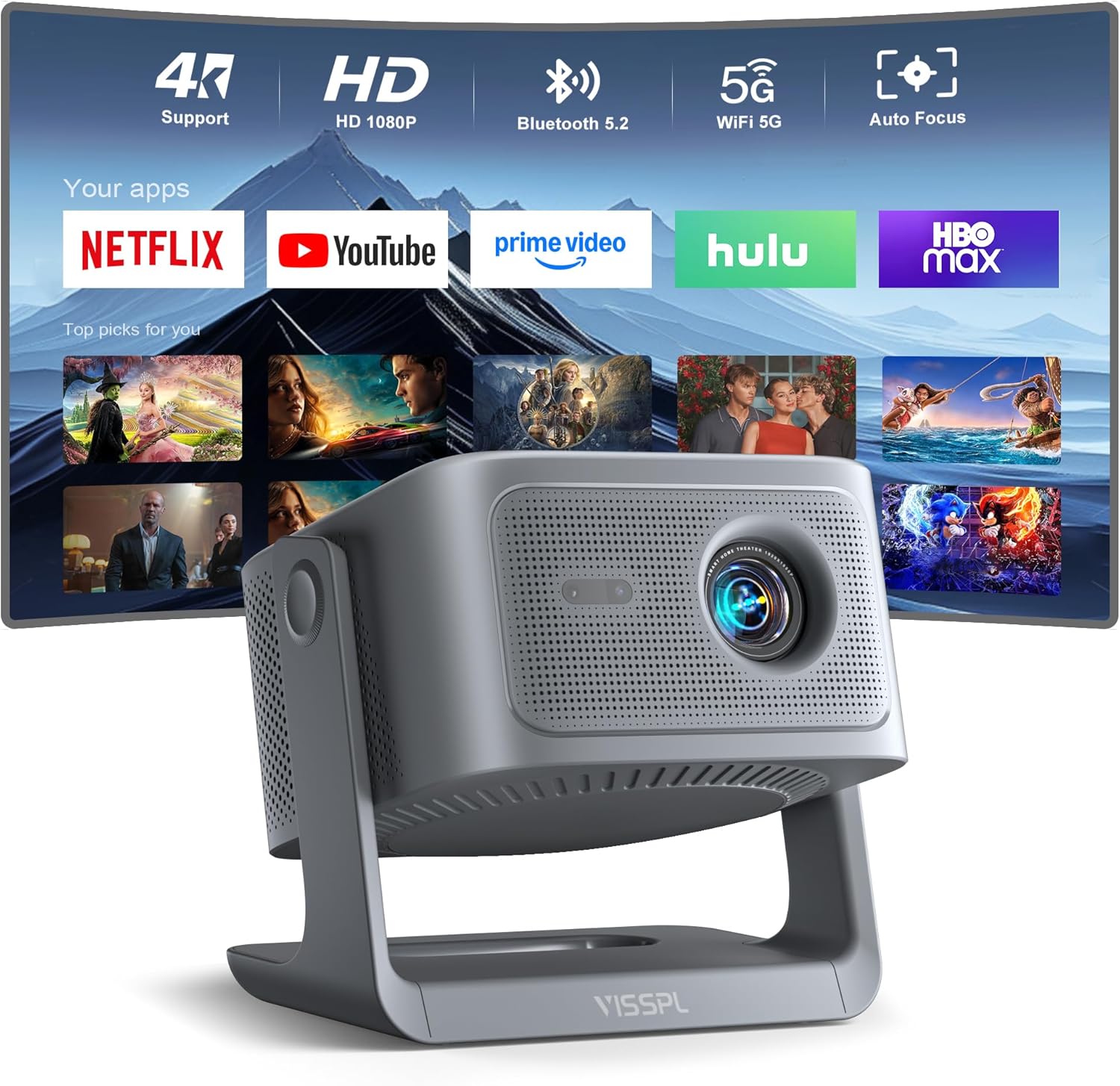 Projektor 1080P Heimkino A5 4K Unterstützung Autofokus WiFi 6 Bluetooth Dolby Audio verstellbarer Standfuß