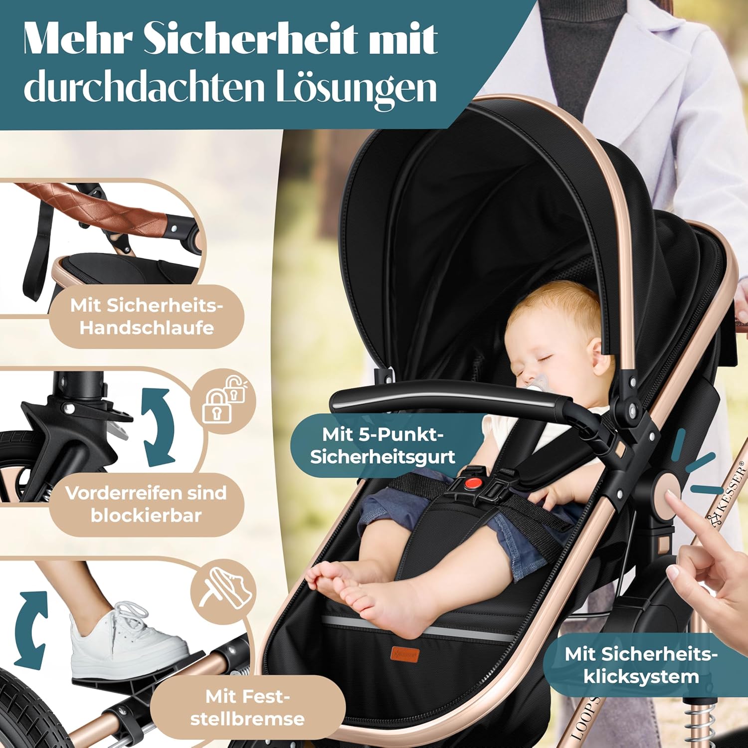 Kinderwagen 4 in 1 Kombi Set mit Babywanne Buggy und Autositz ECE R129 Aluminium Rahmen Luftreifen faltbar Schwarz Champagne