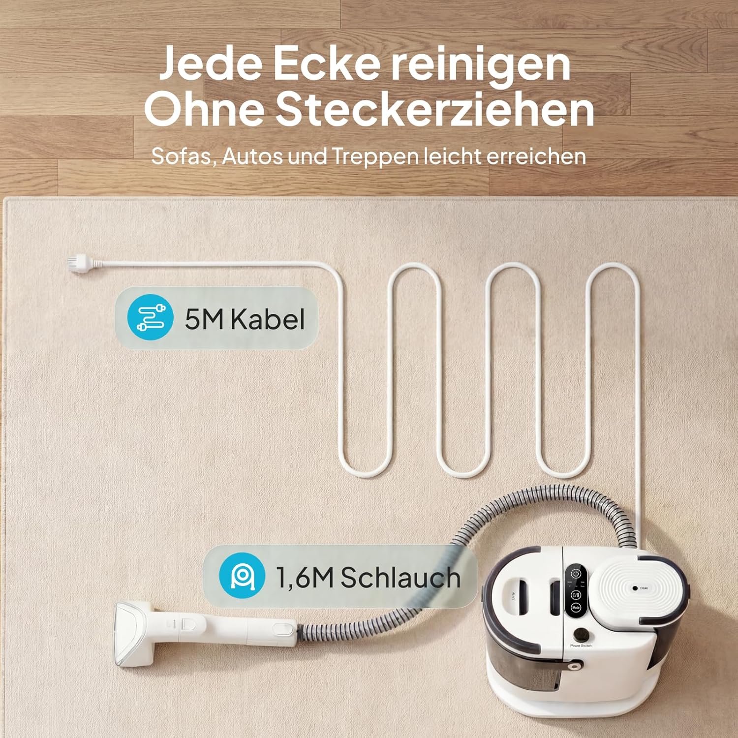 Polsterreiniger Nasssauger LVCUCM002 mit Dampffunktion 15 kPa und 1,6 L Tank für Teppiche Sofa und Auto