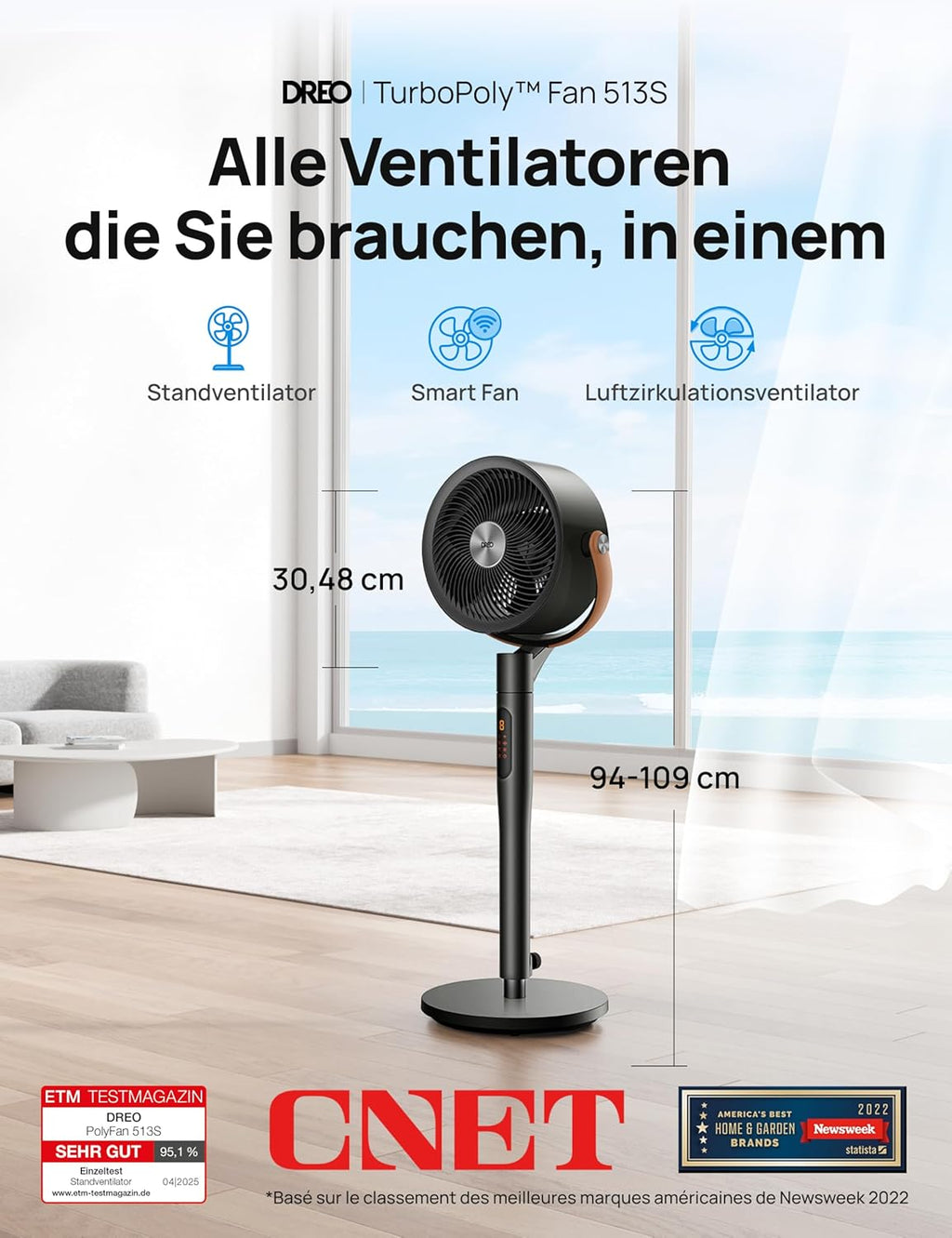 Standventilator PolyFan 513S oszillierend 25 dB 120°+105° Oszillation Fernbedienung 8 Geschwindigkeiten 6 Modi 1650 m³/h Luftleistung