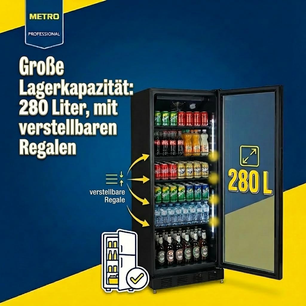 Getränkekühlschrank GSC4280B 280L Glas Tür belüftete Kühlung 6 verstellbare Regale Schloss Schwarz freistehend