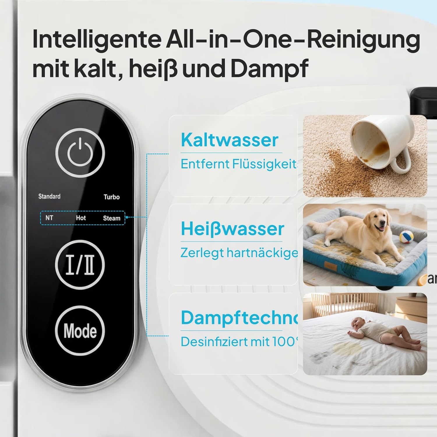 Polsterreiniger Nasssauger LVCUCM002 mit Dampffunktion 15 kPa und 1,6 L Tank für Teppiche Sofa und Auto