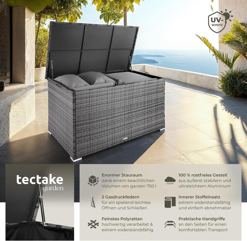 Garten Aufbewahrungsbox 404245 aus Polyrattan und Aluminium 750 L wetterfest UV-beständig 145 x 82,5 x 79,5 cm mit Gasdruckfedern