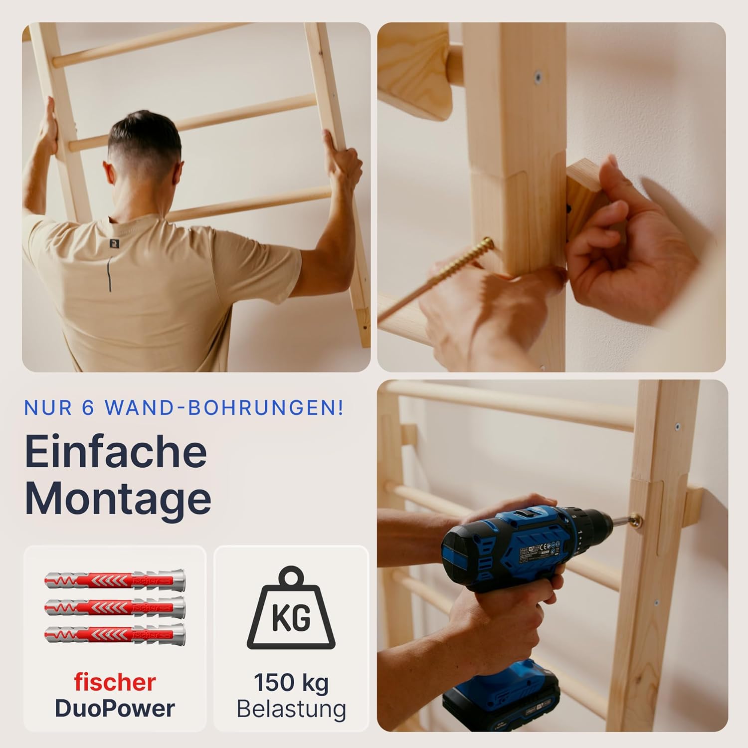 Sprossenwand mit Klimmzugstange Dip Erweiterung Holz Kletterwand Erwachsene Kinder bis 150kg