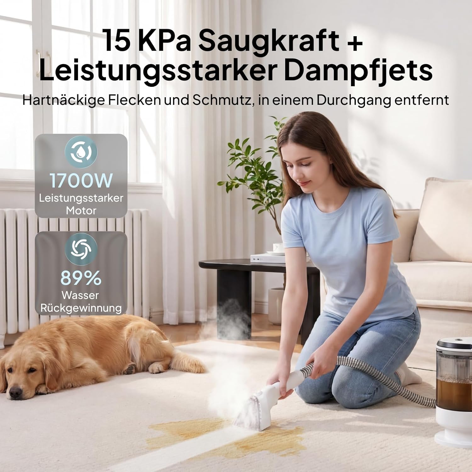 Polsterreiniger Nasssauger LVCUCM002 mit Dampffunktion 15 kPa und 1,6 L Tank für Teppiche Sofa und Auto