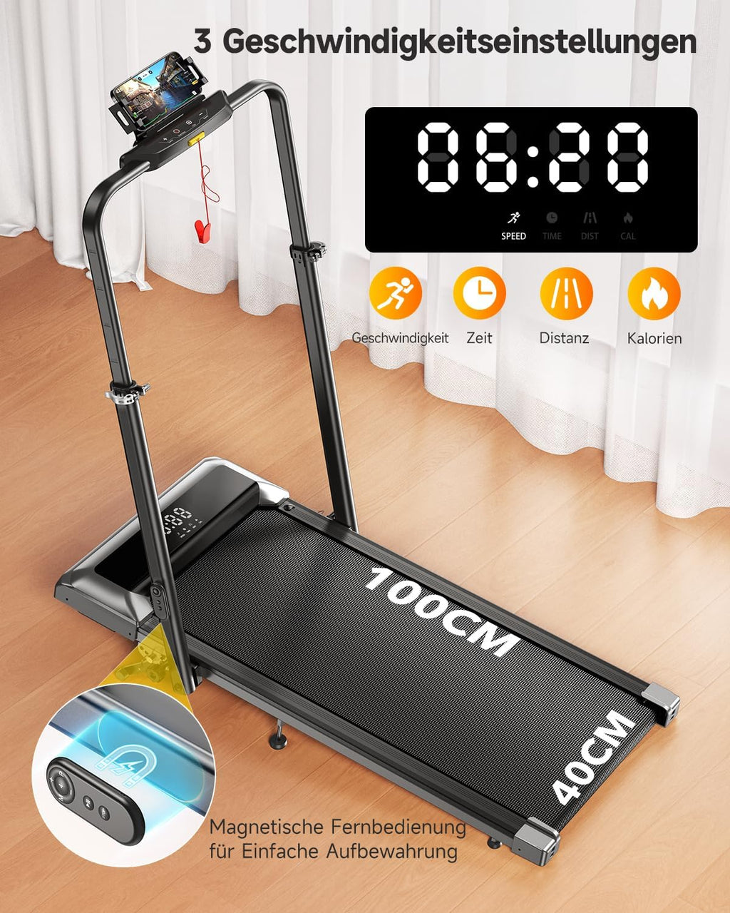 Klappbares Laufband für Zuhause mit Steigung 1–12% TP2 12 km/h 2,5 HP Motor 130 kg Belastung LED Display Fernbedienung App
