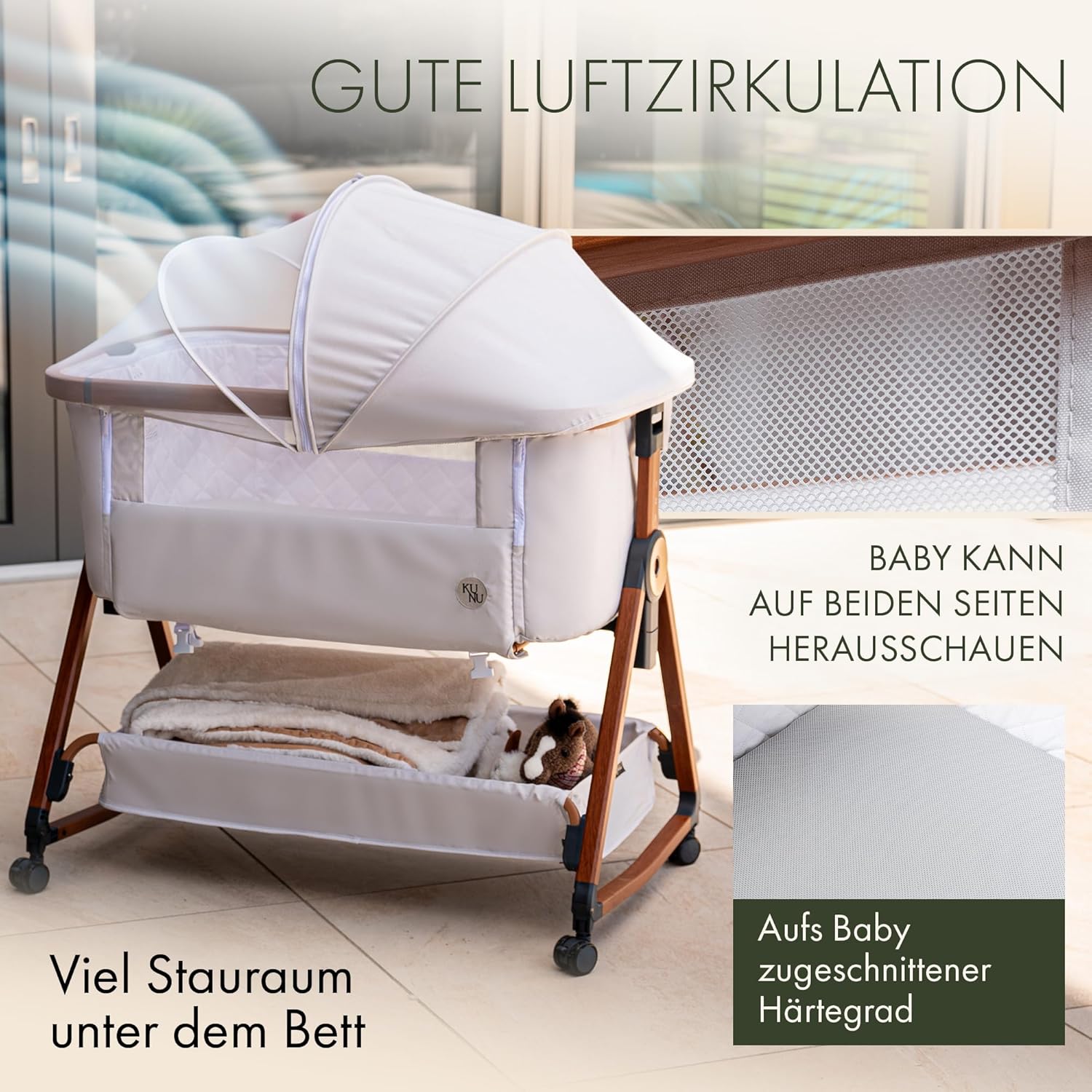 Baby Beistellbett 3in1 KUNU-Bett-02 höhenverstellbar 93x58 cm mit Rollen Stubenwagen Reisebett mit Matratze und Tasche