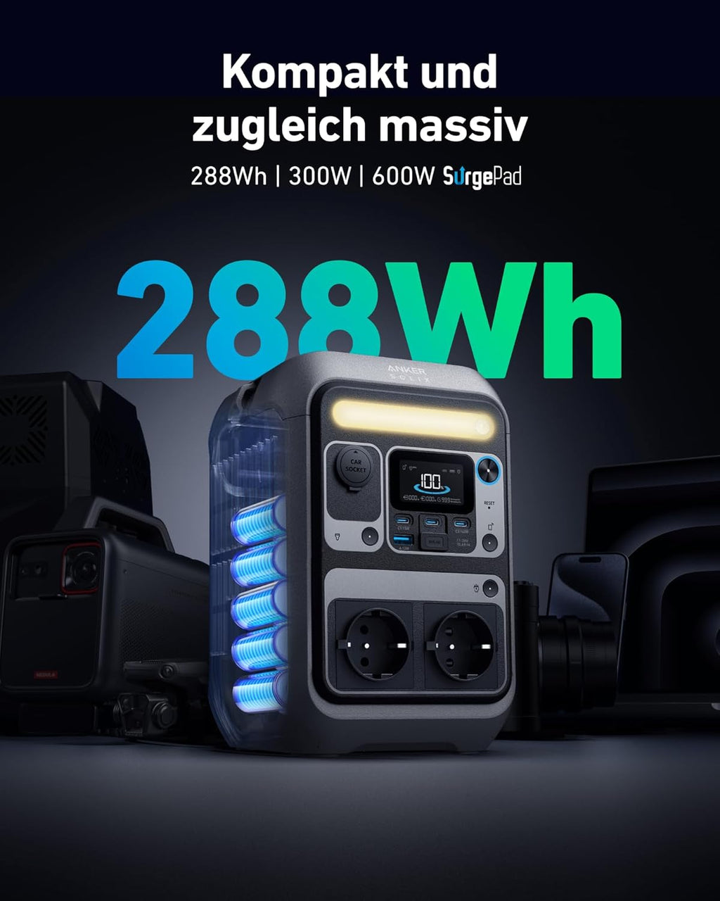 Tragbare Powerstation A1722 288 Wh LiFePO4 300 W mit 600 W Spitzenleistung und Solar-Kompatibilität