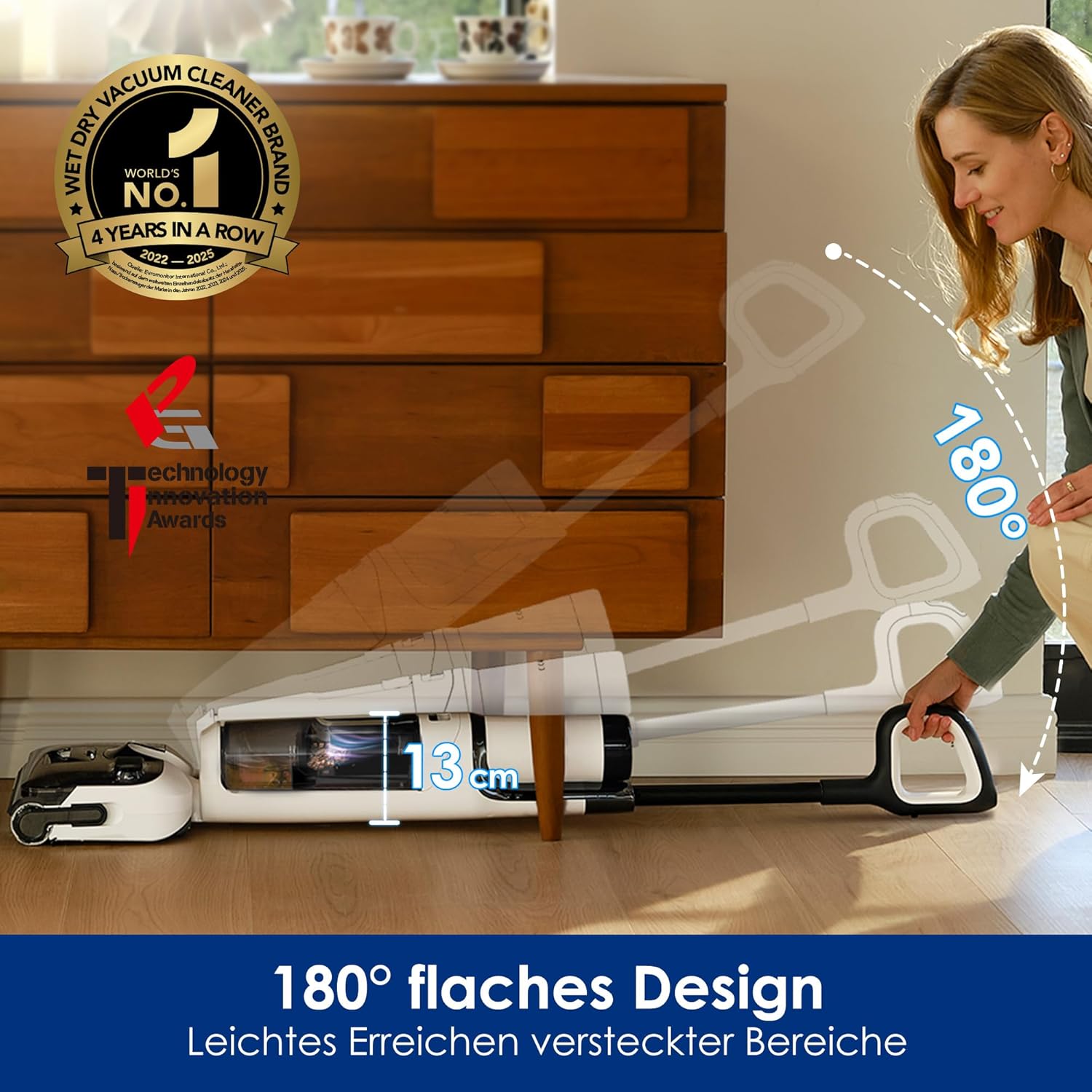 Nass Trockensauger Floor One Stretch S6 180° Flachdesign 13 cm Höhe Selbstreinigung 85°C 40 Minuten Laufzeit Hartböden
