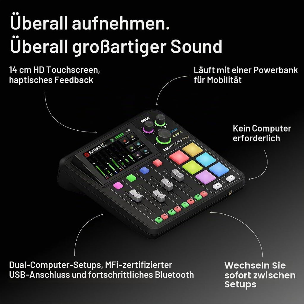 Audio Produktionssystem RØDECaster Duo RC Duo 4-Kanal Mixer mit USB-C Bluetooth Wi-Fi Dual USB und Touchscreen