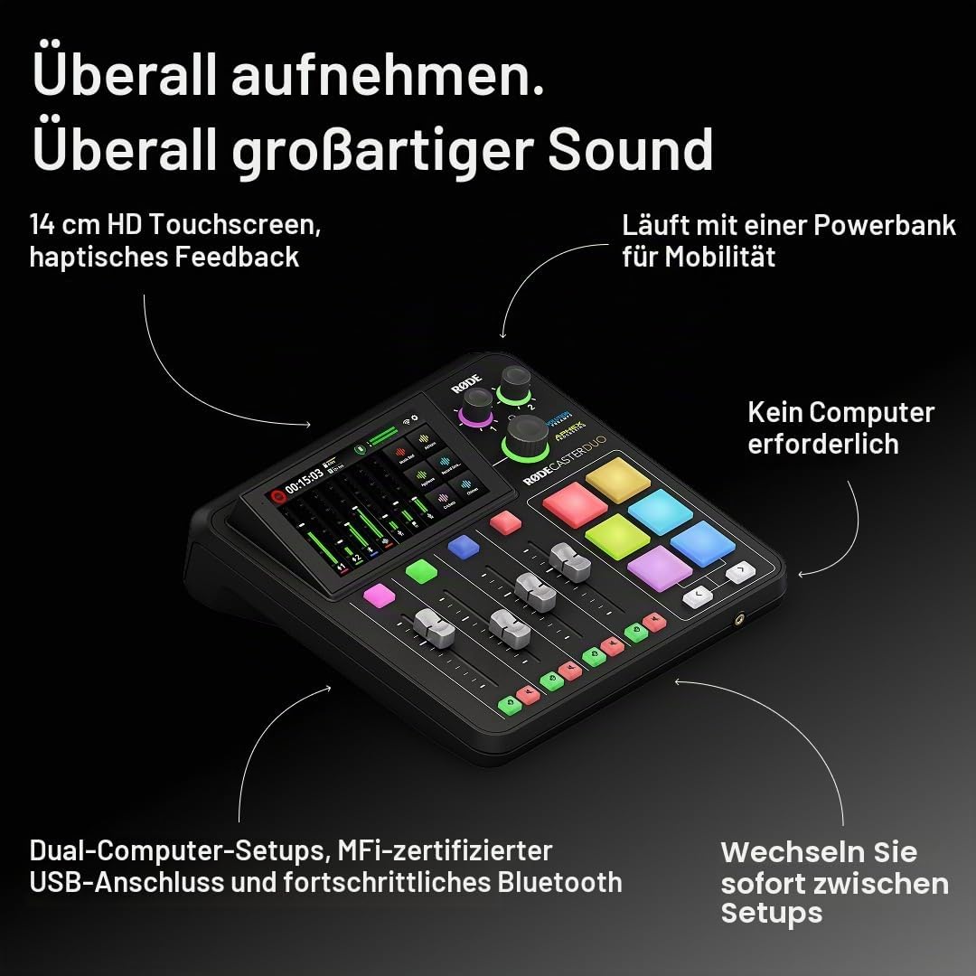 Audio Produktionssystem RØDECaster Duo RC Duo 4-Kanal Mixer mit USB-C Bluetooth Wi-Fi Dual USB und Touchscreen