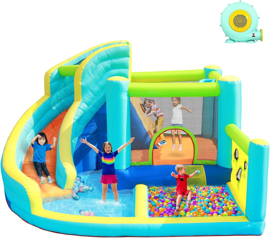 Hüpfburg mit Gebläse Wasserspielcenter 360 x 340 x 218 cm PVC Schloss mit Rutsche Kletterwand und Basketballkorb