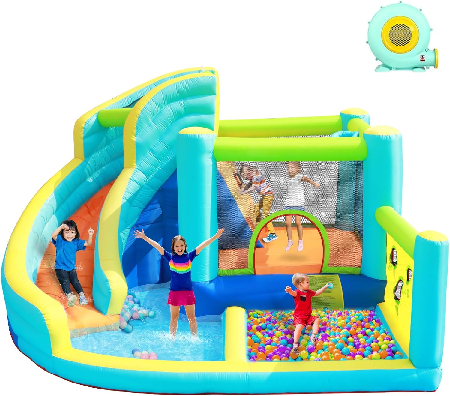 Hüpfburg mit Gebläse Wasserspielcenter 360 x 340 x 218 cm PVC Schloss mit Rutsche Kletterwand und Basketballkorb