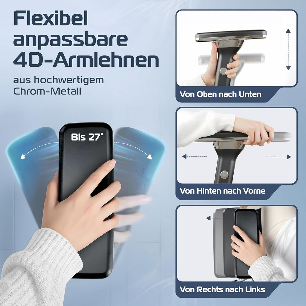 Ergonomischer Bürostuhl Drehstuhl CS BLK 150 kg 4D Armlehnen Lendenstütze Kopfstütze Mesh 65x70x130 cm