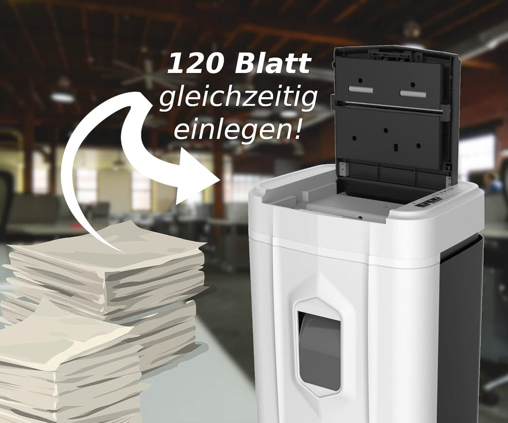 Aktenvernichter P-4 Partikelschnitt mit Auto-Einzug 120 Blatt 60 Min Laufzeit 25 L Behälter