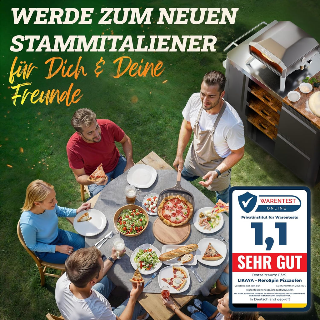 Outdoor Gas Pizzaofen NeroSpin 12 Zoll 6,2 kW 450 °C mit Pizzastein Drehteller Pizzaschaufel Thermometer und Tragetasche