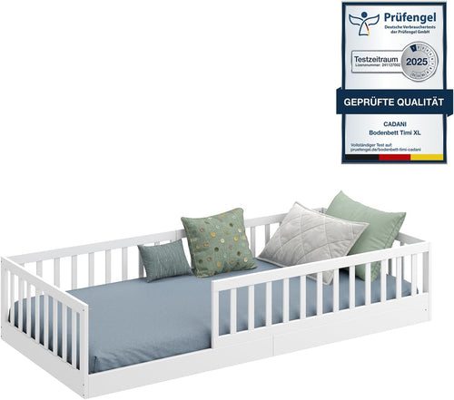 Bodenbett 90x200 cm Montessori Kinderbett Massivholz Kiefer mit Rausfallschutz und Roll-Lattenrost bis 200 kg