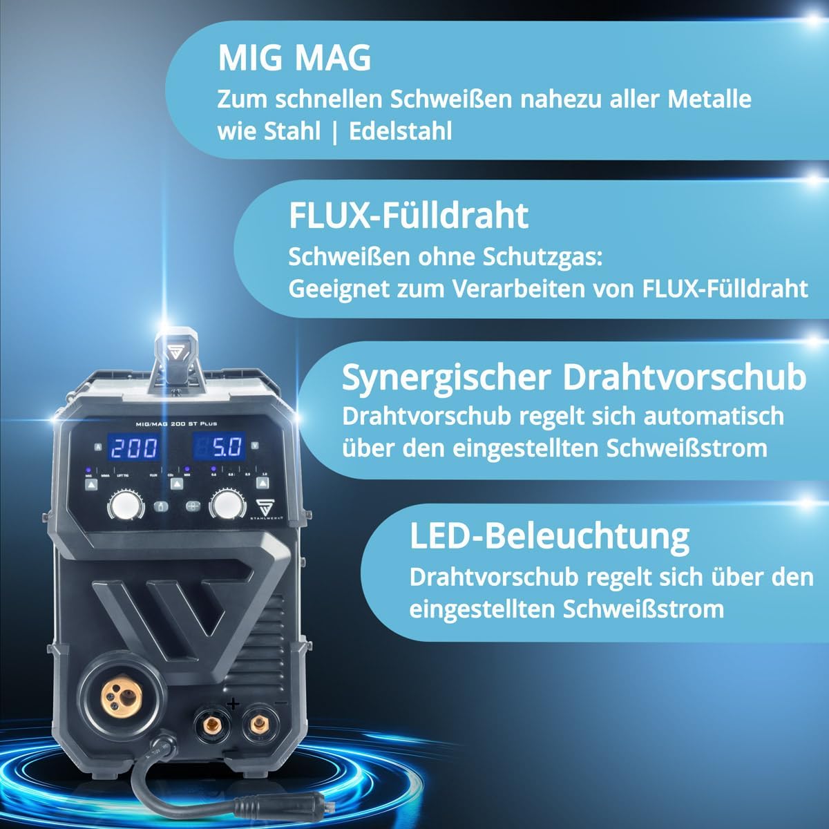 MIG MAG Schweißgerät 200A IGBT Inverter FLUX Lift TIG MMA synergischer Drahtvorschub 230V Metall