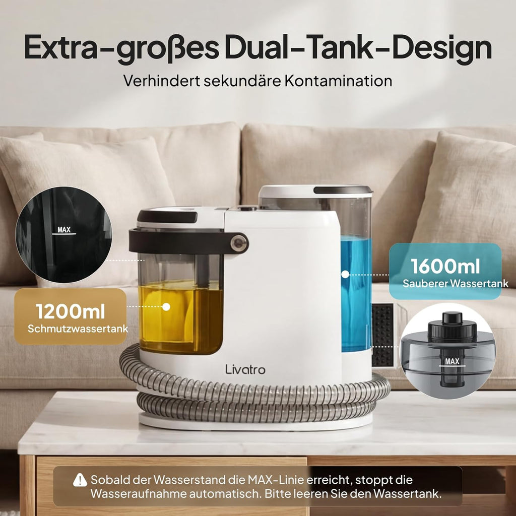 Polsterreiniger Nasssauger LVCUCM002 mit Dampffunktion 15 kPa und 1,6 L Tank für Teppiche Sofa und Auto
