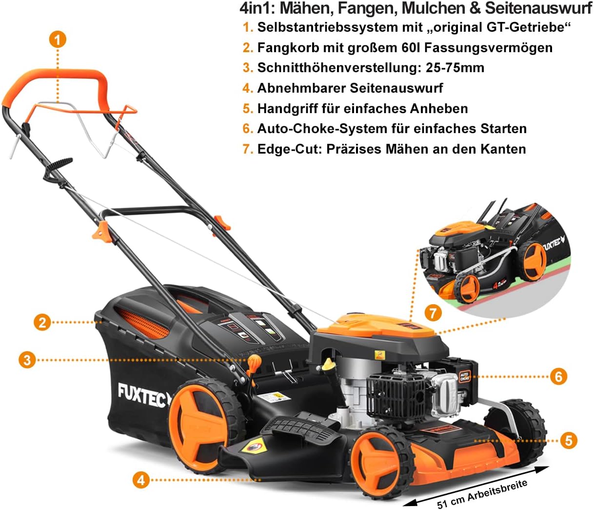 Benzin Rasenmäher FX-RM5196 196cc 4-Takt 51cm Schnittbreite 4in1 Mulchen Seitenauswurf 60L Fangkorb Radantrieb