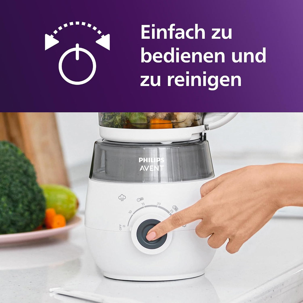 Babynahrungszubereiter 4 in 1 Dampfgarer mit Mixer SCF883/01 400W Dampfgaren Pürieren Auftauen Aufwärmen 1L Weiß