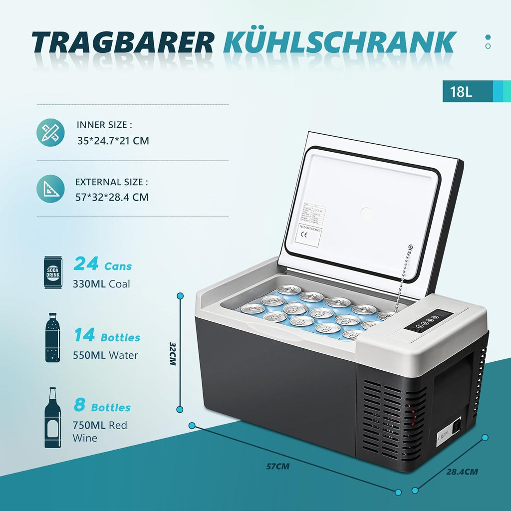 Kompressor Kühlbox 18L mit App Steuerung Auto Kühlschrank tragbar 12V 24V DC 100-240V AC Camping Reisen Outdoor
