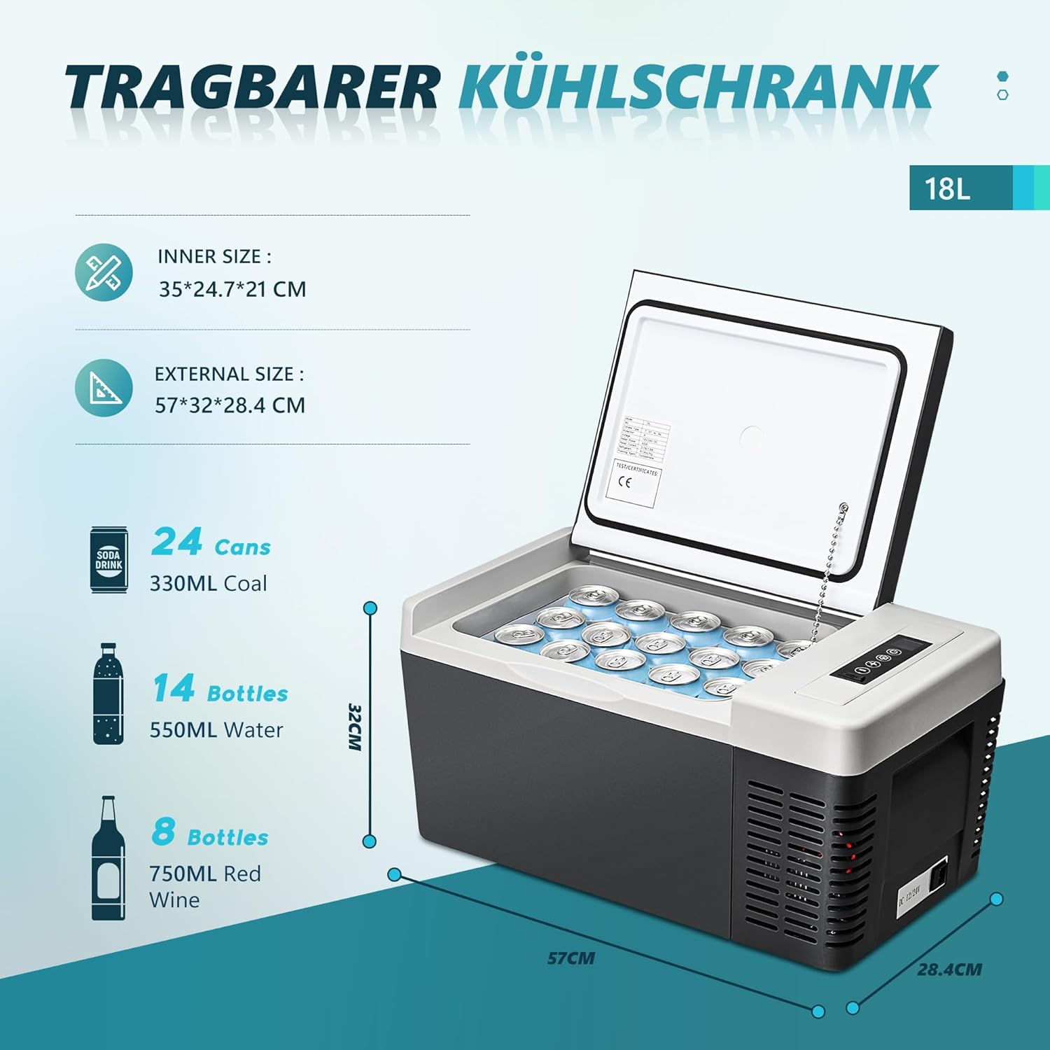 Kompressor Kühlbox 18L mit App Steuerung Auto Kühlschrank tragbar 12V 24V DC 100-240V AC Camping Reisen Outdoor