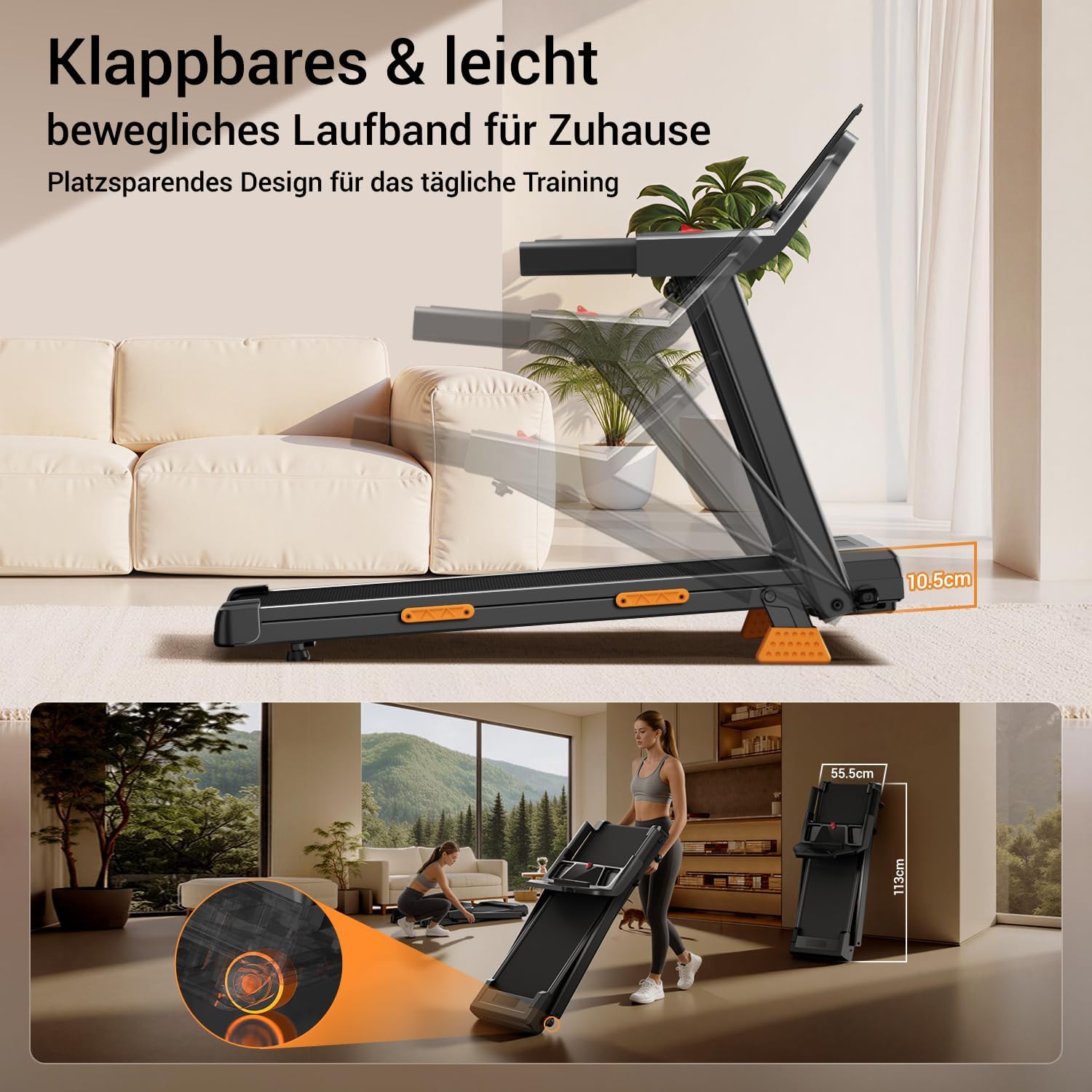 Laufband klappbar mit Steigung SF20 12 kmh 3 PS Motor 15 Prozent Neigung 136 kg Tragkraft LED Anzeige
