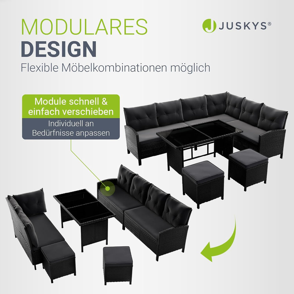 Gartenlounge Set Polyrattan Ecksofa Esstisch 2 Hocker Kissen 5-teilig wetterfest 7 Personen Schwarz Grau