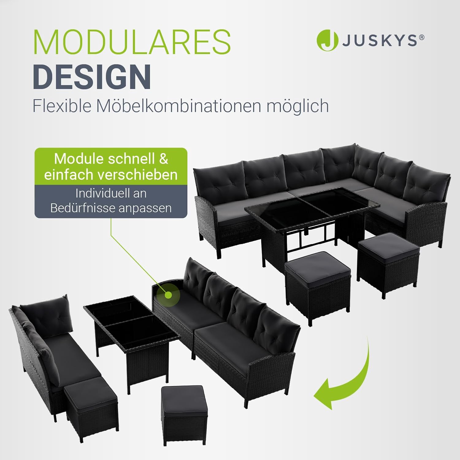 Gartenlounge Set Polyrattan Ecksofa Esstisch 2 Hocker Kissen 5-teilig wetterfest 7 Personen Schwarz Grau