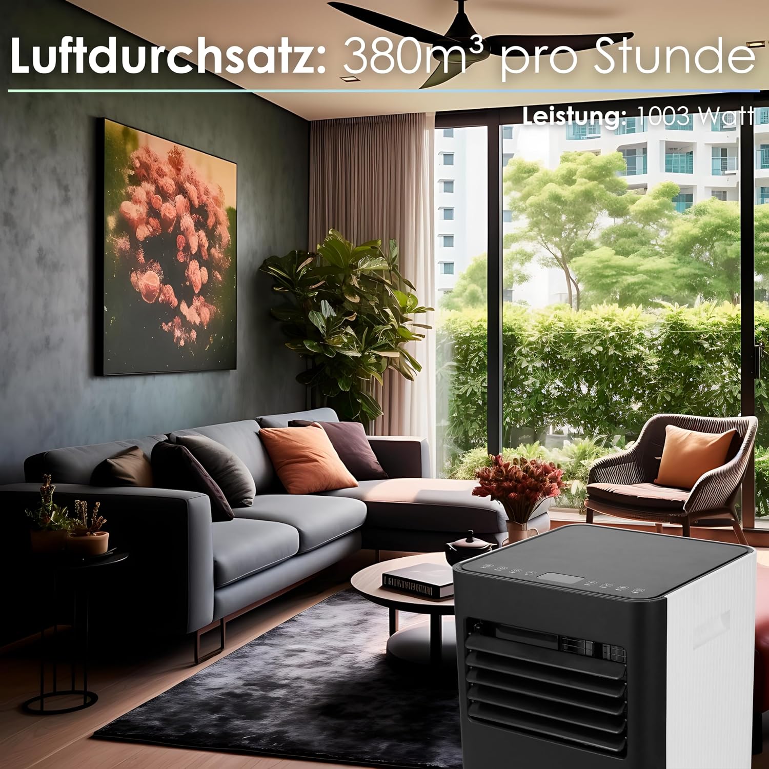Mobile Klimaanlage 9000 BTU WLAN 3-in-1 mit Entfeuchter und Ventilator für Räume bis 35 m² inkl. Abluftschlauch Fensterkit Fernbedienung