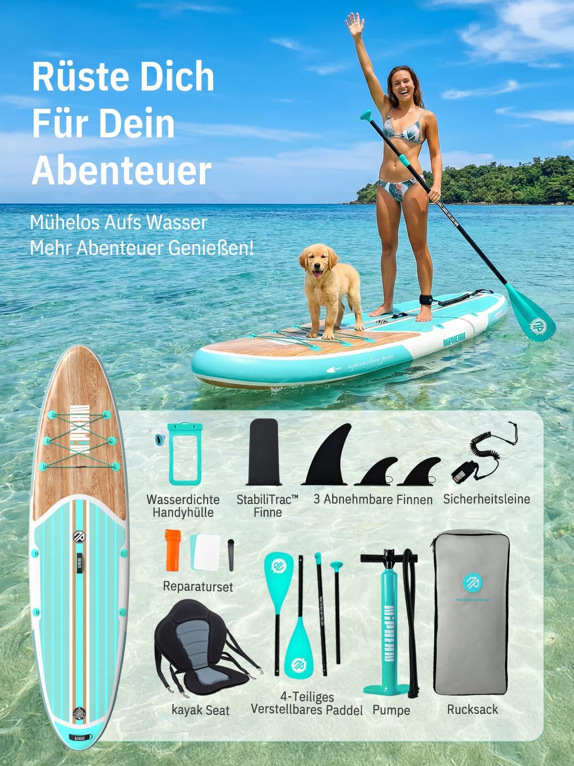 Aufblasbares Stand Up Paddle Board SUPNPFR320 320 cm 200 kg mit Kajaksitz Paddel Pumpe und Rucksack