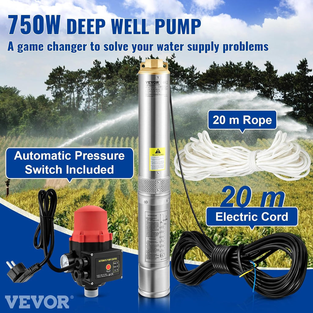 Tiefbrunnenpumpe Edelstahl 750 W 230 V 105 L/min 62 m Förderhöhe 3,5 Zoll