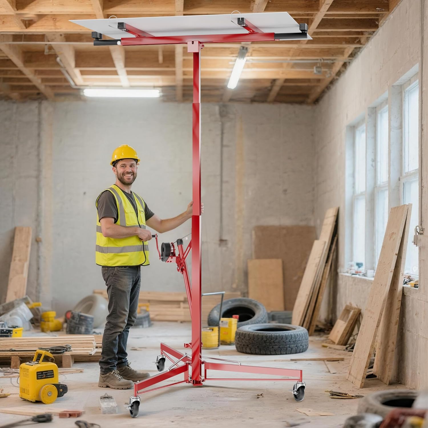 Plattenheber XXL 50790 Trockenbau 68kg Tragkraft 140–350cm Höhe 2,90m Breite 3 Rollen mit Feststellbremse rot