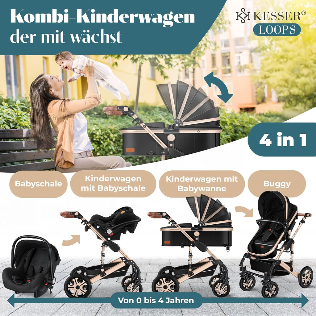 Kinderwagen 4 in 1 Kombi Set mit Babywanne Buggy und Autositz ECE R129 Aluminium Rahmen Luftreifen faltbar Schwarz Champagne